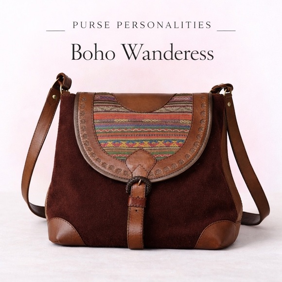 Vintage Handbags - Vintage Brown Suede & Multicolor Boho Crossbody Bag
